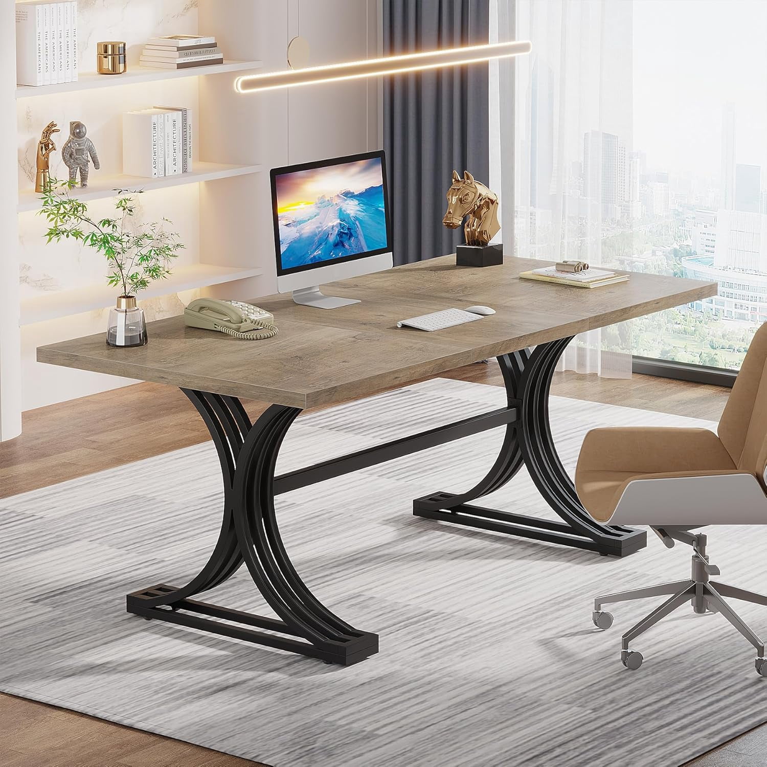 Tribesigns 63" Large Office Desk, Modern Executive Desk with Curved X-Legs, Wood Computer Desk for Home Office (Grey + Black)