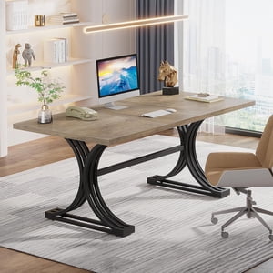 Tribesigns 63" Grand bureau, bureau exécutif moderne avec X-Legs courbes, bureau informatique en bois pour le bureau d'accueil (Grey + Noir)