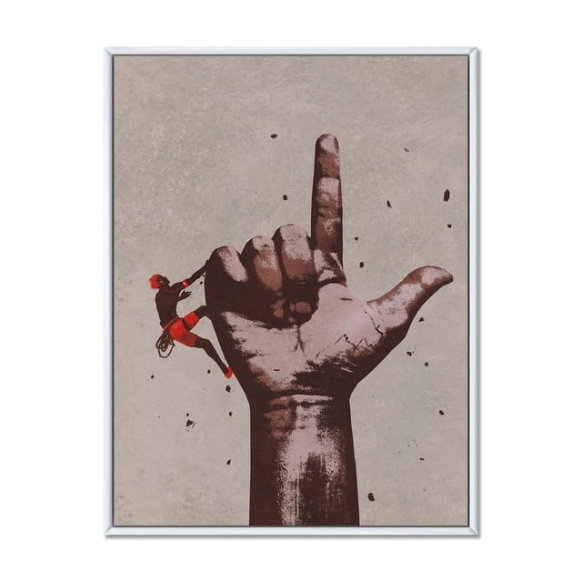 Designart Panneau Pointant vers le Haut avec Cadre Flottant Grimpeur ART Mural Représentant une Grande Main Brune avec l'Index Pointant vers le Haut et un Grimpeur en Engrenage Rouge Escaladant le Pouce, Imprimé sur Toile de Coton Texturée beige de Qualité Supérieure avec Bords Enveloppés de Galerie dans un Cadre Flottant Blanc, Convenant à la Décoration Intérieure Moderne.