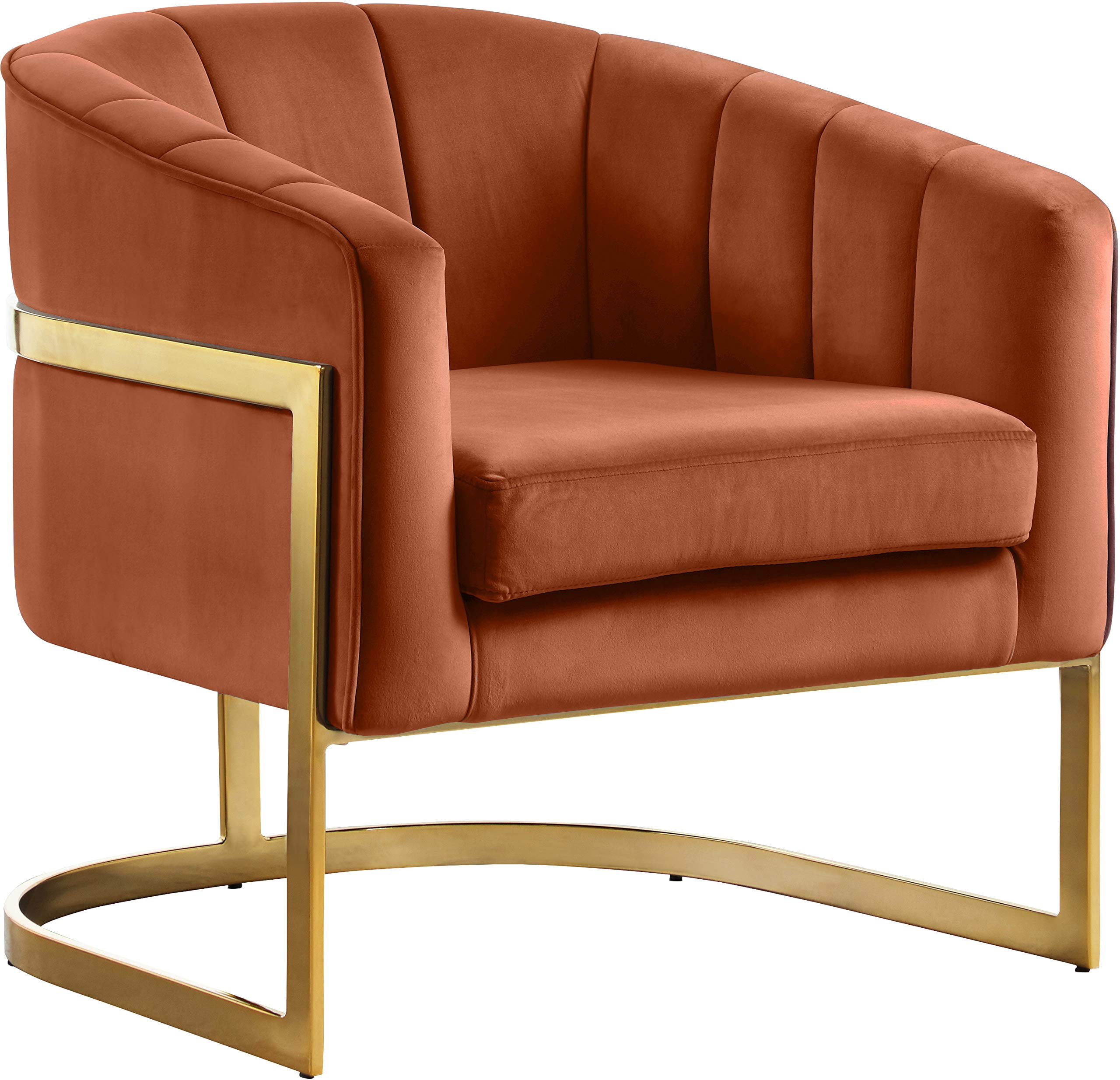 Meridian Furniture Carter Collection Fauteuil d'Appoint Moderne / Contemporain Rembourré en Velours à Dossier Tonneau avec Base en Acier Inoxydable Doré, Cognac, 29 Pouces L x 27.5 Pouces P x 31 Pouces H