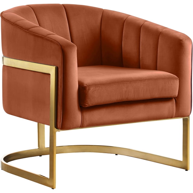 Meridian Furniture Carter Collection Fauteuil d'Appoint Moderne / Contemporain Rembourré en Velours à Dossier Tonneau avec Base en Acier Inoxydable Doré, Cognac, 29 Pouces L x 27.5 Pouces P x 31 Pouces H