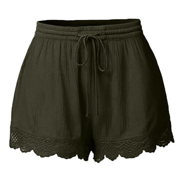 Timegard Shorts Grande Taille pour Femmes, Jambe Grand, Taille Élastique avec Cordon, Dentelle à Volants, Couleur Unie, Shorts Décontractés