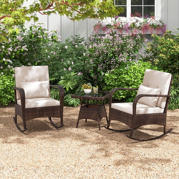 Costway Ensemble Bistro à Bascule 3 Pcs avec Coussins Amovibles et Table Basse à Dessus en Verre Trempé Brun