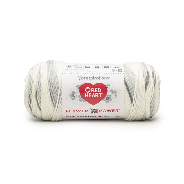 Red Heart® All In One Flower Power™ #4 Worsted (Medium) Acrylic Yarn skein in white and gray with a label featuring the Red Heart logo and Flower Power branding, providing 417 yards per 8.8oz skein for crocheting continuous floral motifs without color switching, ideal for durable and soft craft projects.
