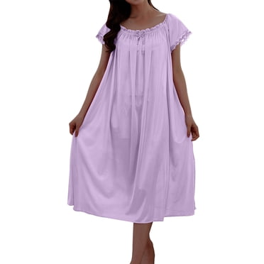 Timegard Chemises de Nuit pour Femmes Col Rond Manches Courtes Chemises de Nuit Décontractées Smockées Nœud Uni Tenue d'Intérieur