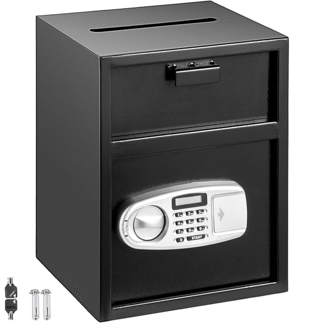 VEVOR Security Safe Box Digital Depository Safe made of durable carbon steel with a black box and silver-grey panel. Features an electronic code lock, deposit slot, and LCD screen for security status. Ideal for storing cash, documents, and valuables in offices, restaurants, or homes. Includes two emergency keys and mounting hardware.