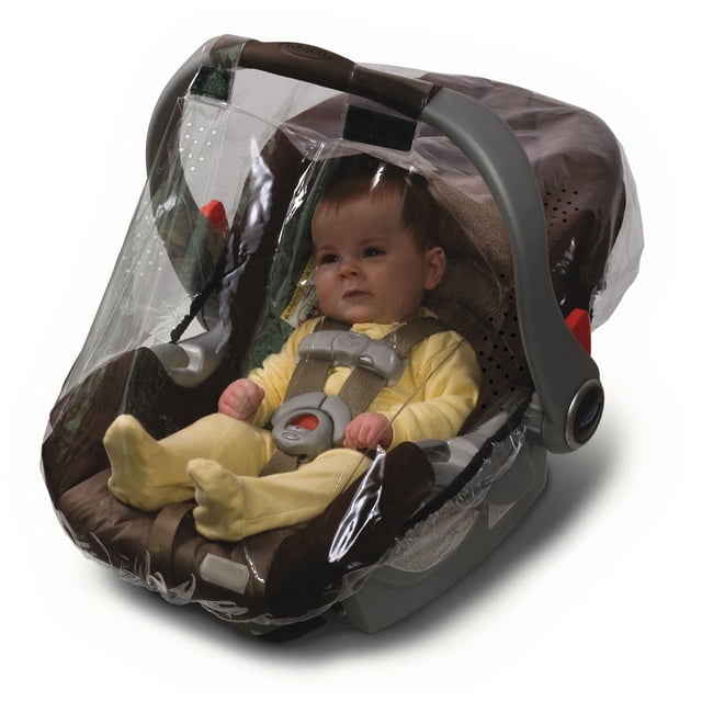 Jolly Jumper Weathershield for Infant Car Seat in clear phthalate-free vinyl covering a brown infant car seat with a baby in yellow inside, featuring ventilation holes for airflow, light UV protection tint, and a secure universal fit over the seat handle and canopy.
