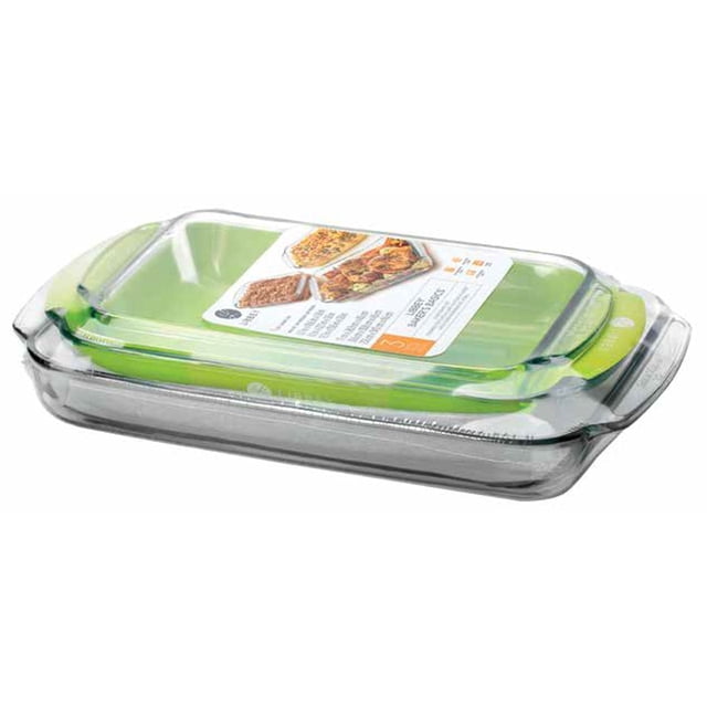 Bakeware Value Pack with three clear glass rectangular baking dishes measuring 16.0 x 9.9 x 2.0, 14.3 x 8.7 x 2.0, and 12.8 x 7.5 x 2.1 inches, each with green silicone lids, safe for oven, microwave, refrigerator, and freezer use, ideal for casseroles and baked entrees.