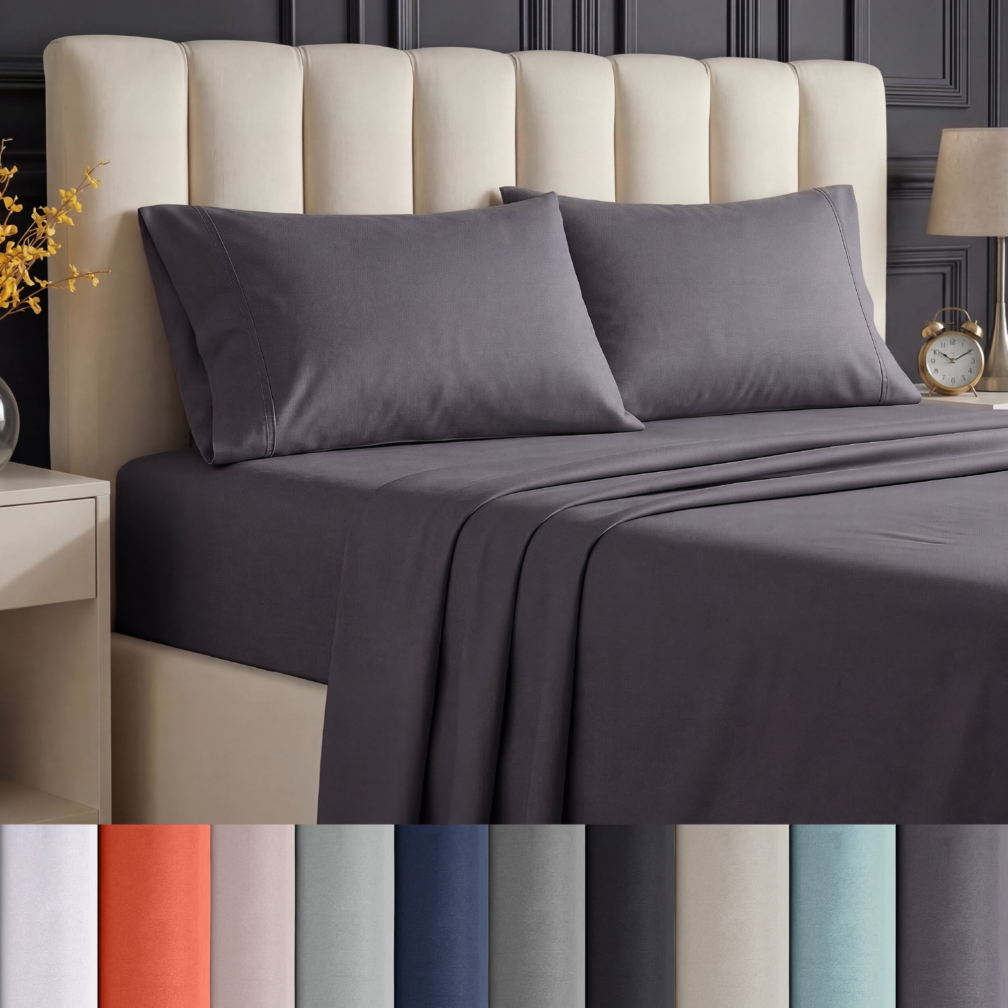 BEDDORA Queen Bed Sheet Set, 4-Piece Microfiber Deep Pocket Sheets, Ultra-Soft, Wrinkle-Free, Forged Iron, Adult, Solid