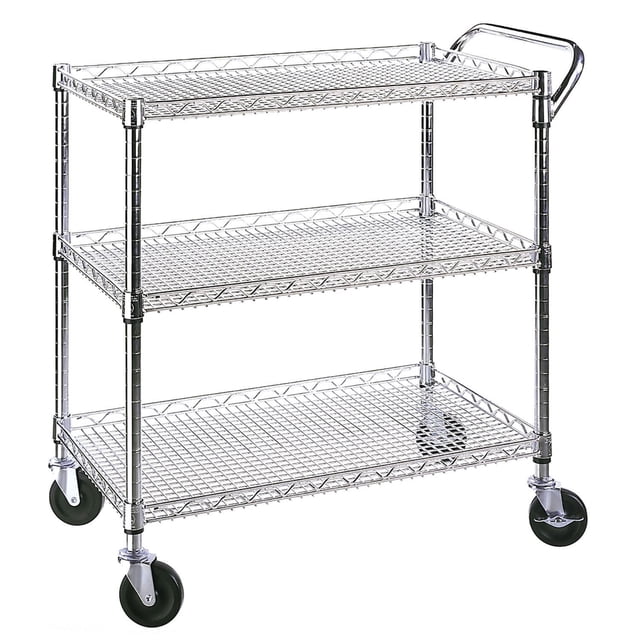 Seville Classics 3 Shelf Commercial Utility Cart with durable chrome-plated heavy-duty steel frame and three adjustable wire mesh shelves, equipped with a handlebar and four black heavy-duty PVC caster wheels including two locking wheels, ideal for kitchens, warehouses, garages, and offices, often used for organizing tools or supplies.