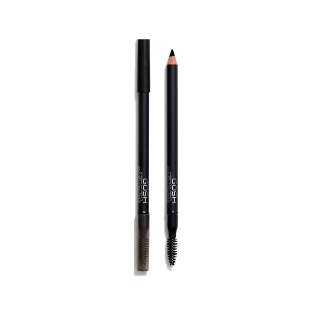 GOSH Eye Brow Pencil Soft Black shown with one pencil capped and the other uncapped revealing a sharpened black tip and a spoolie brush on the opposite end, featuring a slim black matte body with white branding text, designed for precise eyebrow filling and shaping with long-lasting natural colour pay-off, suitable for dry or wet application.