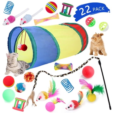 Semfri 22Pcs Cat Toys Set Colourfull Kitten Tunnel IndoorTunnel Interactive Cat Toys Teaser Stick Bell Ball Feather Toys for Kittens Bunnies Puppies Rabbits