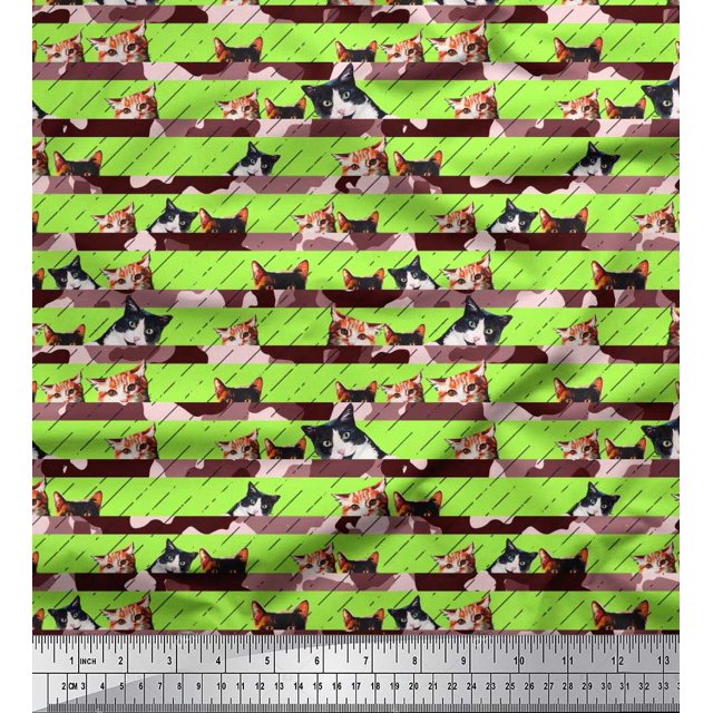 Soimoi Poly Georgette Fabric Diagonal Stripe & Cat Face Animal Decor Fabric Printed Yard 52 Inch Wide