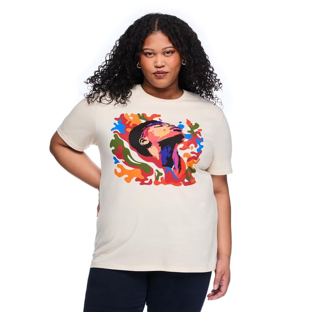 M. Falconer Plus Adult Gender Inclusive Black History Month T-Shirt front-facing black crew-neck short-sleeve tee with centered multicolor Black History Month graphic, visible jersey knit texture, straight hem and lightweight fit shown on a neutral background.