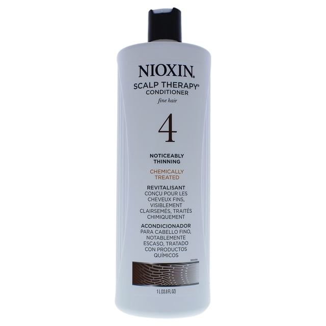 Nioxin System 4 Revitalisant Thérapeutique pour Cuir Chevelu Bouteille de 33,8 Oz Conçue pour les Cheveux Fins et Traités Chimiquement. la Bouteille Blanche Présente un Texte Audacieux Noir et Brun Détaillant Son Utilisation pour des Cheveux Visiblement Clairsemés. le Produit Est Formulé pour Hydrater le Cuir Chevelu, Améliorer la Résistance des Cheveux et Favoriser des Cheveux Plus Épais et Plus Gérables.