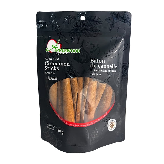 Applewood Signature Bâtons de Cannelle Grade A 120 g avec Épais Bâtons de Cannelle Bruns Visibles à l'Intérieur d'Une Pochette Noire Refermable Présentant un Texte Bilingue Anglais et Français, Idéal pour Rehausser les Brais, Ragoûts et Plats de Sauté avec une Épice Entièrement Naturelle.