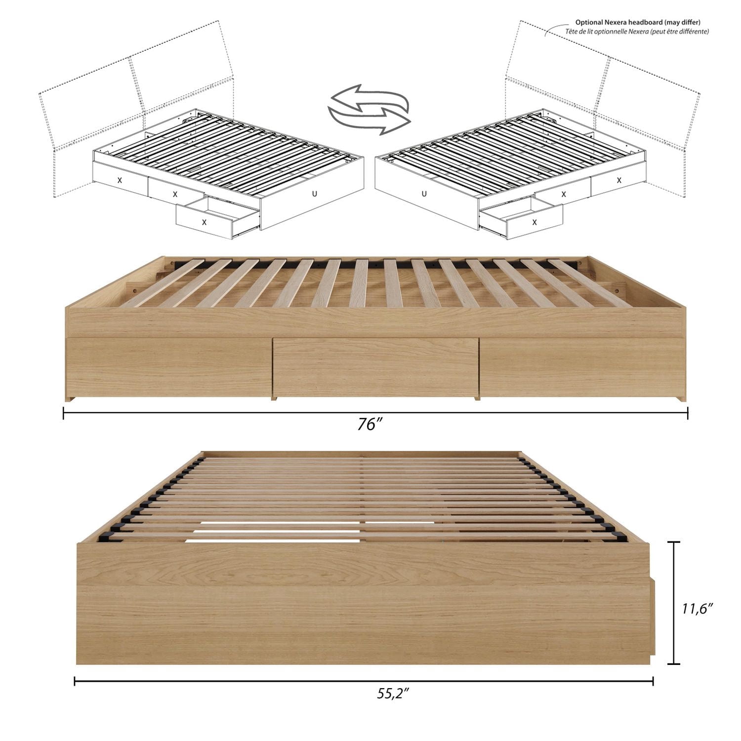 Lit rangement 3 tiroirs Nordik de Nexera, fini Érable naturel