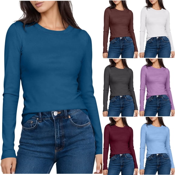 Yuyuzo Long Sleeve Shirts Womens Crew Neck Slim Fitted Bade Layer Tee Shirts Solid Color Comfy Fall Basic Clothes