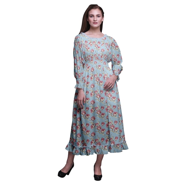 Bimba Floral Women Printed Smocked Waist Long Casual Maxi RuffleDress-X-Small