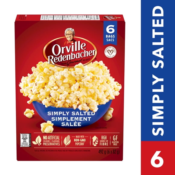 Orville Redenbacher Simply Salted Microwave Popcorn, 100% Whole Grain Popcorn, Non‑GMO Popcorn, Gluten Free, High Source of Fibre, 492 g (6 bags x 82 g)