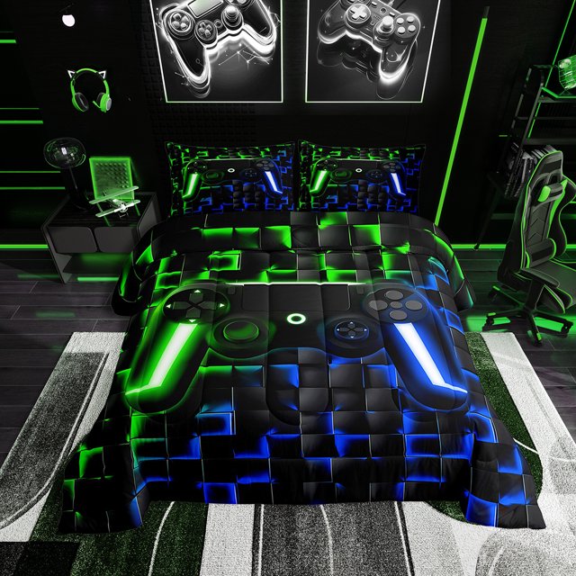 YST Ensemble de Douillette Gamer Adolescents Garçons Grand Lit, Vert Marine Blue Buffalo, Noir Réversible