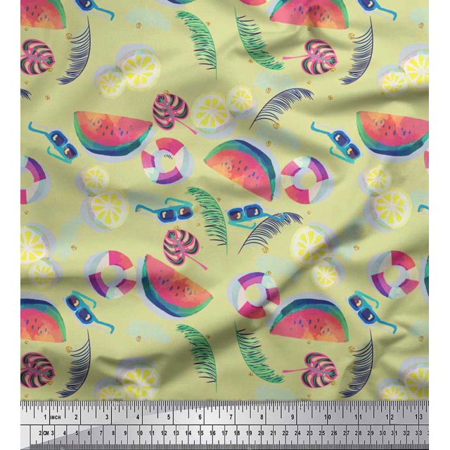 Soimoi Crepe Silk Fabric Fruits,Swim Ring & Goggles Summer Designs Print Fabric by Yard 42 Inch Wide