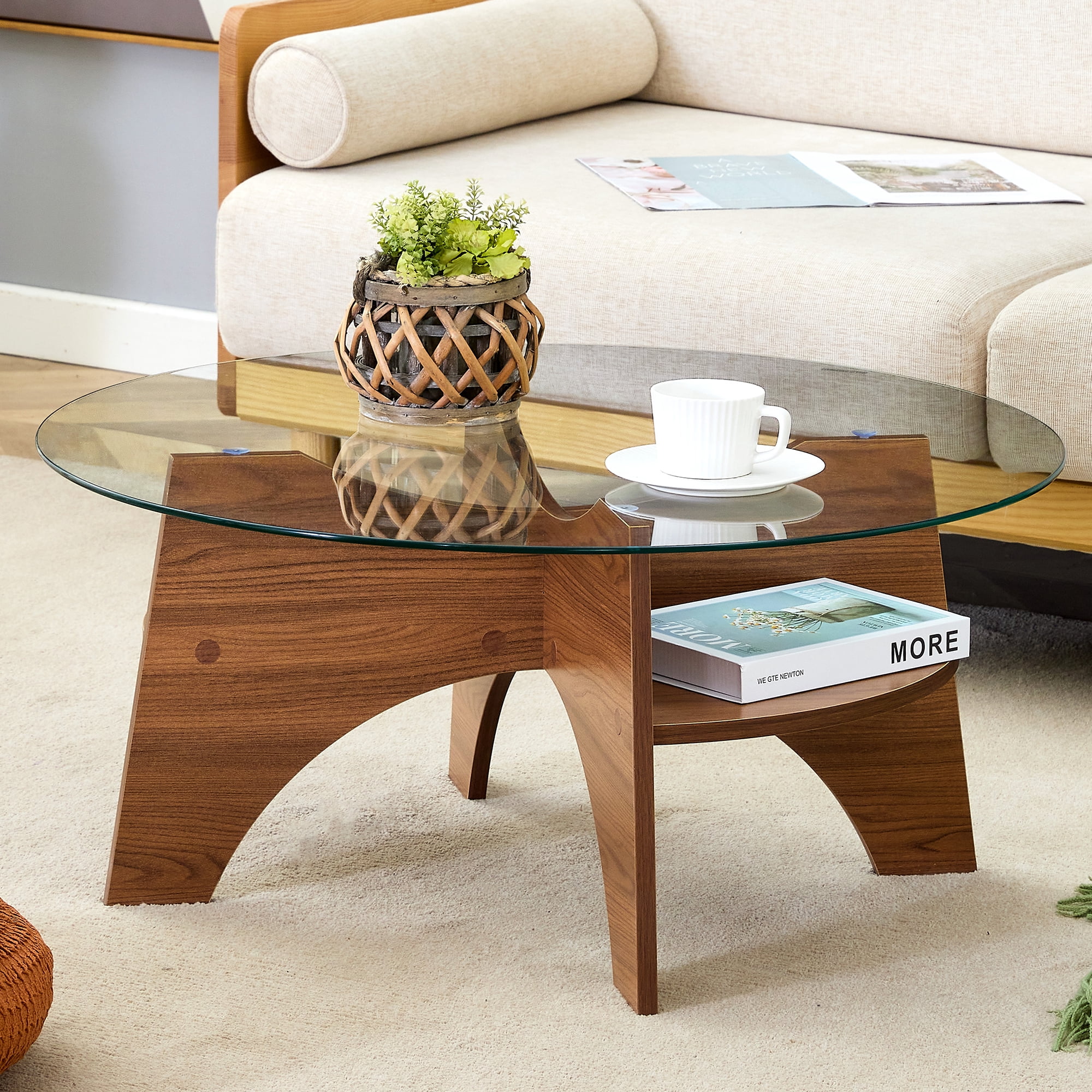 Noble House 31.5" Round Tempered Glass Coffee Table,Fan-Shaped Bracket,Walnut