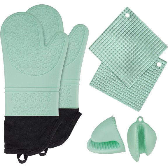 in Heat Silicone Oven Mitts + P Grip Pot Holder +Trivet Kit Textu Kitchen Gloves w/Soft Inner Lining & XL HandSleeve for Baking Cooking Grilling Barbecue