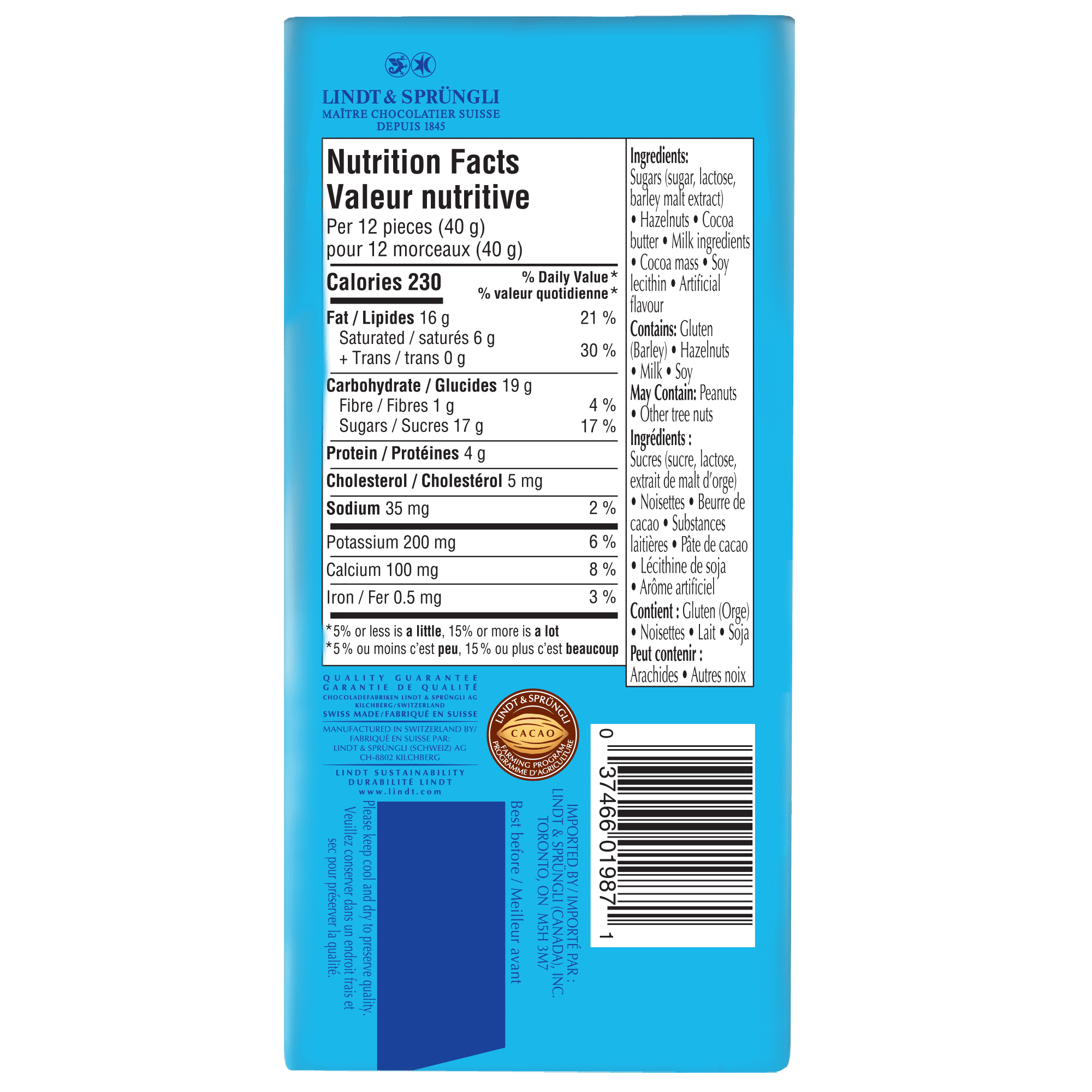 Lindt SWISS CLASSIC Hazelnut Milk Chocolate Bar, 100 Grams