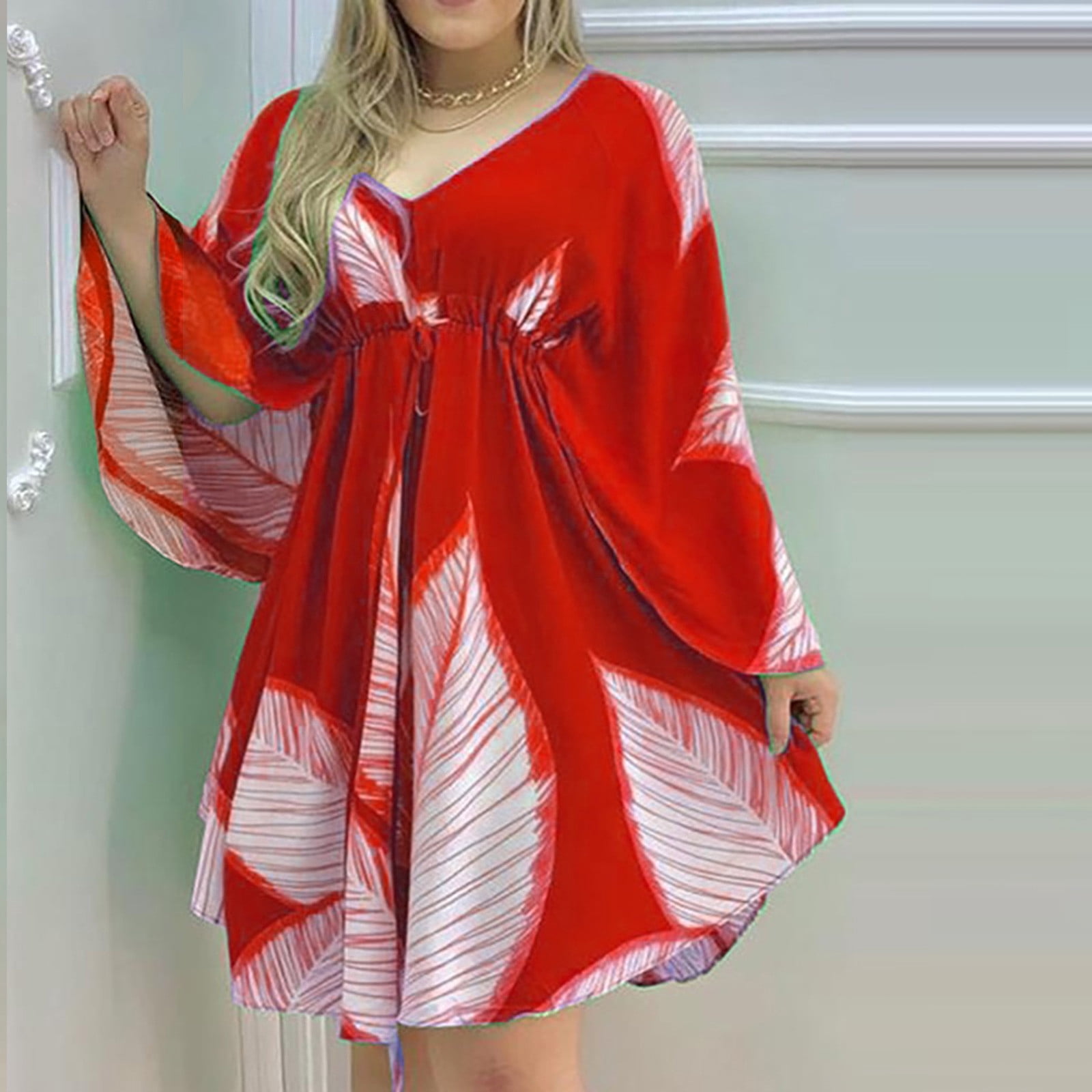 Robes pour Femmes 2024 Été Surdimensionnée Tempérament Douce Col en V Manches Bouffantes Couleur Unie Robe Confortable Robe Courte Rabais de 50 % Liquidation!
