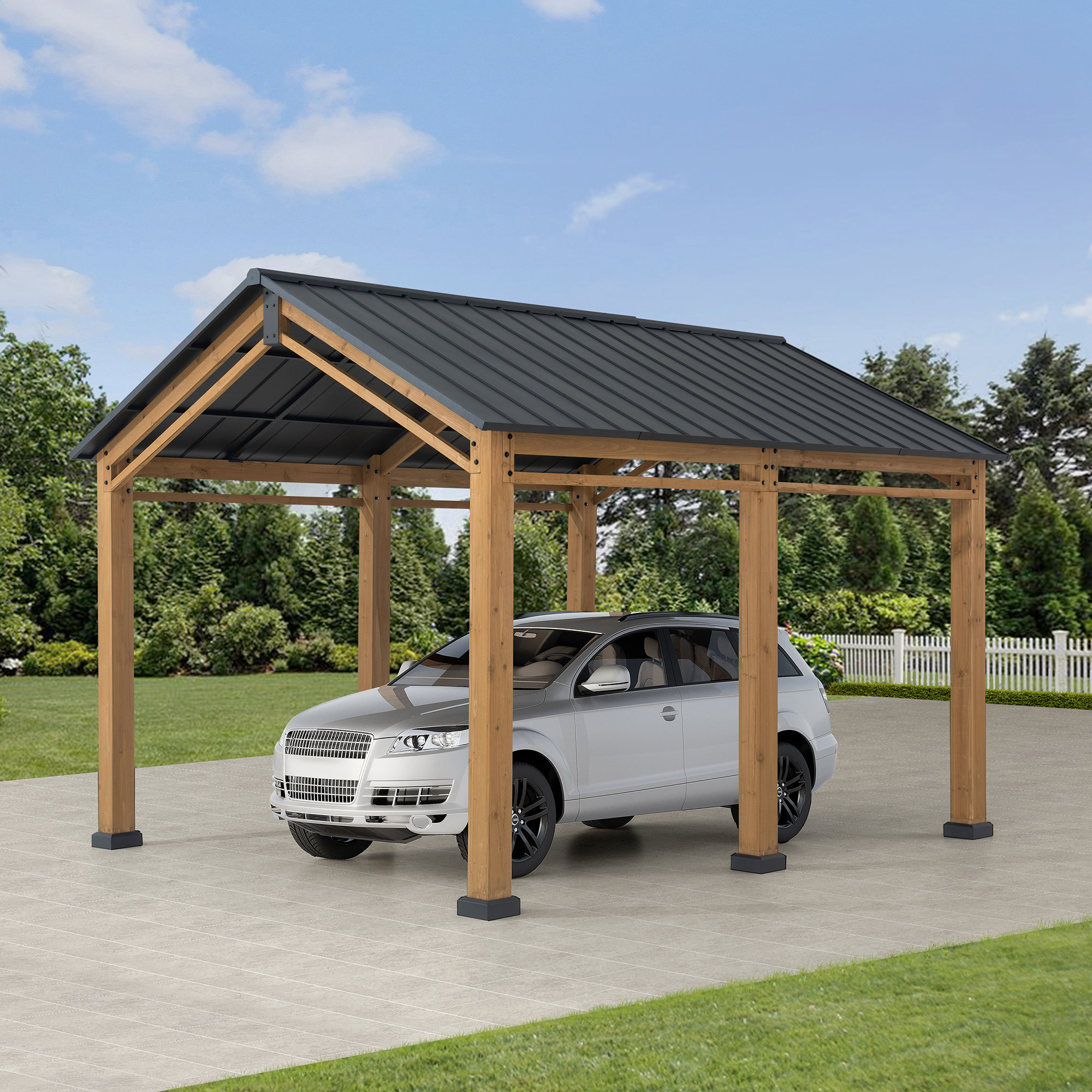 Sunjoy Gazebo en bois 13 pi x 11 pi Abri d'auto à toit rigide Abri d'auto robuste avec toit en acier et structure en bois, gazebo à toit à pignon en cèdre pour voitures et équipement d'extérieur