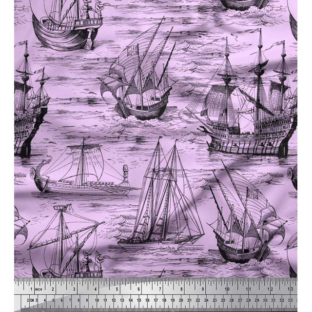 Soimoi Poly Georgette Fabric Waves & Ship Ocean Print Fabric by Yard 52 Inch Wide