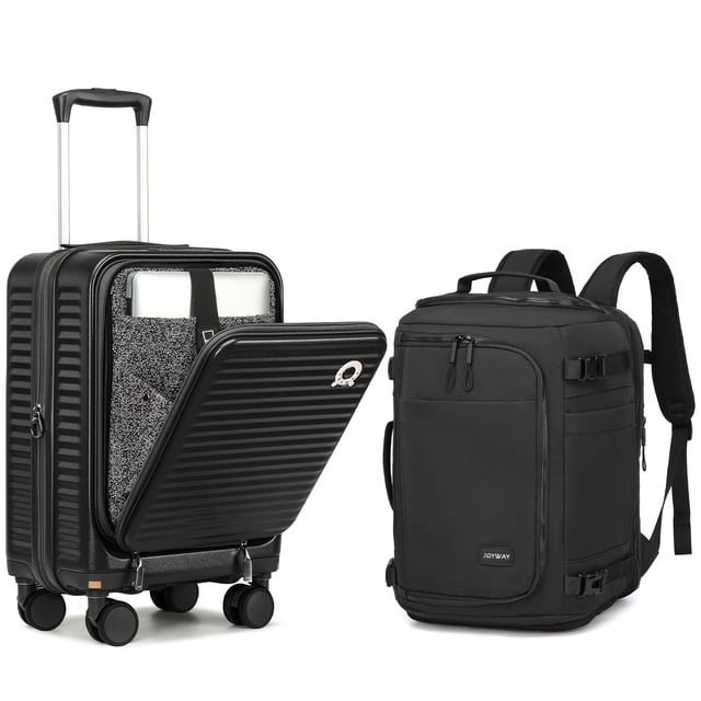 Joyway 20-Inch Front Opening Expandable Carry-On Luggage with Detachable Spinner Wheels and Travel Backpack. Centered, front-facing view of a 20-inch carry-on with a zippered front-access compartment, expandable zipper, removable spinner wheels and matching backpack beside it; multiple exterior pockets and top/side carry handles. Suited for short business trips and often used as a compact camera or tech kit carrier.