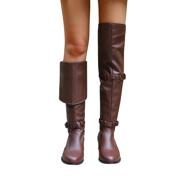 LSLJS Large Size Long Women Pointed Low Heels Belt Buckles High Tube Over Knee Knight Boots