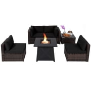 Patiojoy 6-Piece Patio Furniture Set with 30" Propane Fire Pit Table Outdoor PE Wicker Conversation Set with Cushions and Tempered Glass Coffee Table Black
