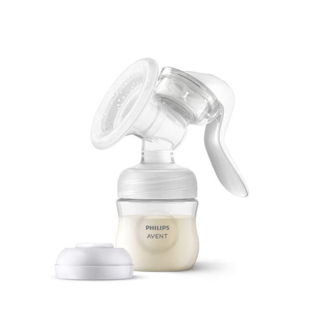 Philips Avent Manual Breast Pump SCF430/03 with ergonomic white handle and clear plastic body, featuring a soft silicone cushion flange and a 4oz bottle filled with milk, shown with a white sealing disc cap on a white background.