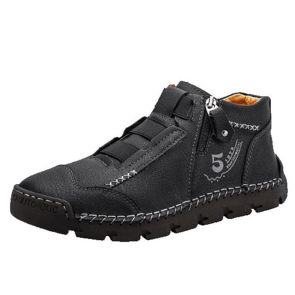 Mens Ankle Boots British Large High Top Side Zipper Fashion Outdoor Cowhide Driving Shoes Leather Shoes Trendy Large Size Breathable Driving Shoes Black