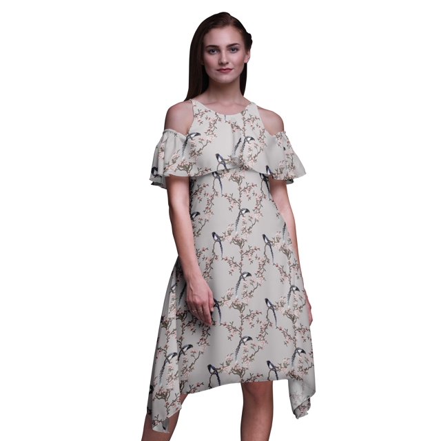 Bimba Robe à Volants Imprimée Oiseau Gris pour Femmes Épaules Dénudées - XXX-Large