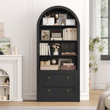 Hiphuta 70"Tall Arched Bookcase, 4-Tier Bookshelves with 2 Large Drawers, Wooden Display Shelf with Storage for Living Room Home Office, Black