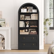 Hiphuta 70"Tall Arched Bookcase, 4-Tier Bookshelves with 2 Large Drawers, Wooden Display Shelf with Storage for Living Room Home Office, Black