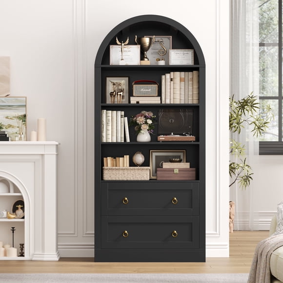 Hiphuta 70"Tall Arched Bookcase, 4-Tier Bookshelves with 2 Large Drawers, Wooden Display Shelf with Storage for Living Room Home Office, Black