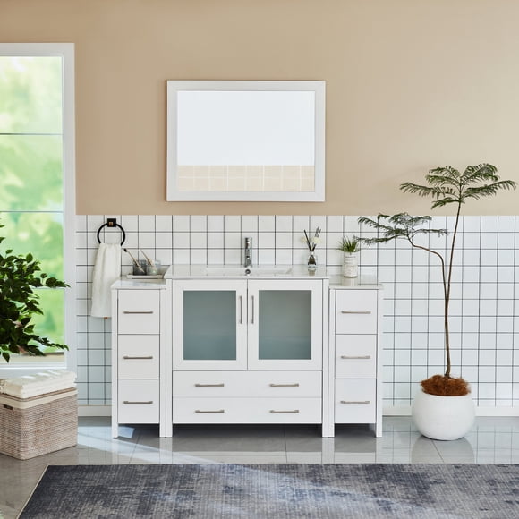 Vanity Art 60 in. W Single Sink Modern Bathroom Vanity with Ceramic Top and Free Mirror