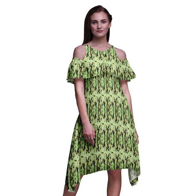 Bimba Robe Droite à Volants Imprimée Teinture sur Nœuds Verte pour Femmes - Grande