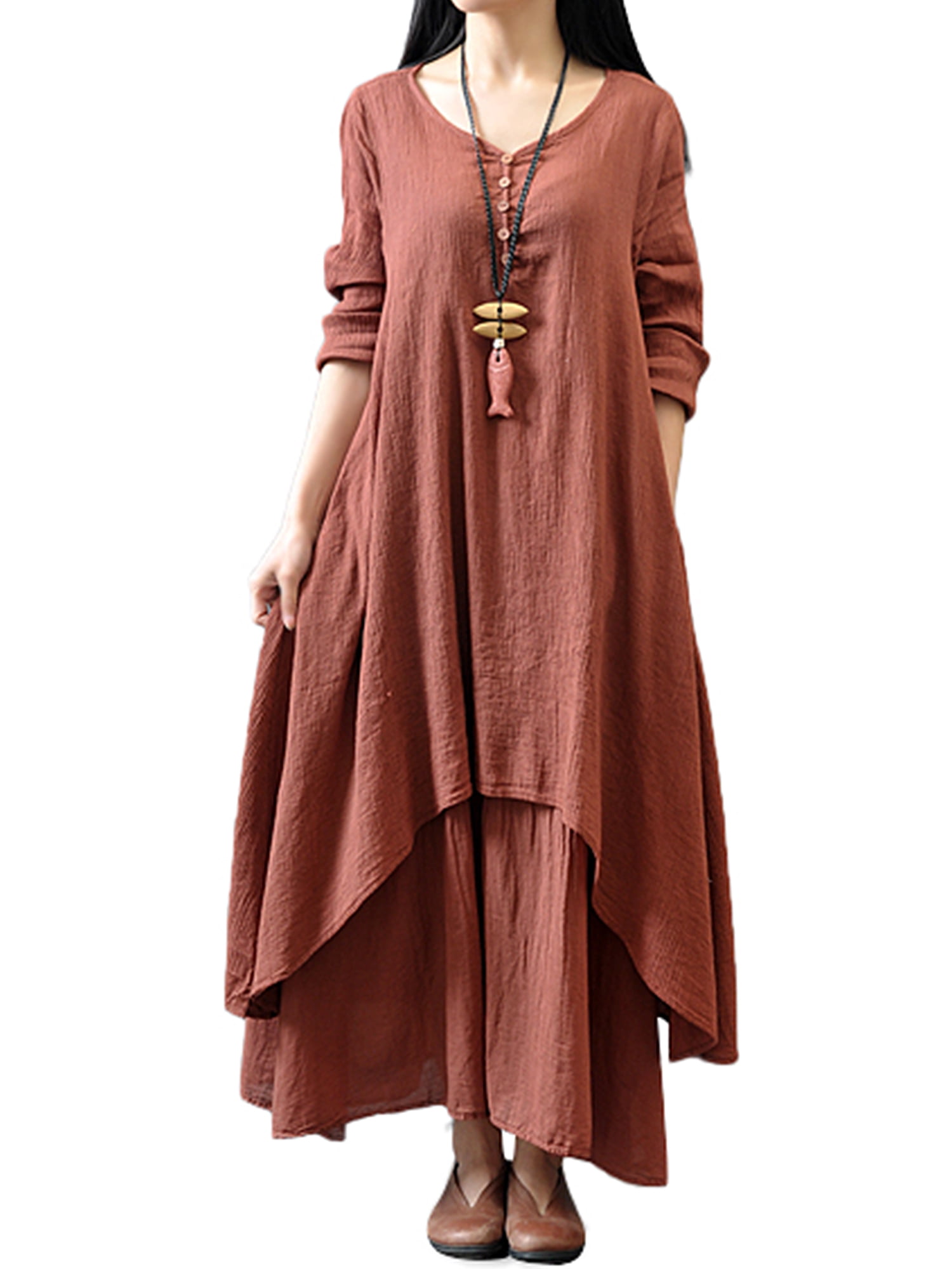HIMONE Long Sleeve Solid Color Tunic Dress For Lady V-Neck Button Down Maxi Dress Womens Ruffle Pleated T Shirt Dress Irregular Hem Fake Two Piece Dress Plus Size