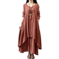 thumbnail image 1 of HIMONE Long Sleeve Solid Color Tunic Dress For Lady V-Neck Button Down Maxi Dress Womens Ruffle Pleated T Shirt Dress Irregular Hem Fake Two Piece Dress Plus Size, 1 of 6