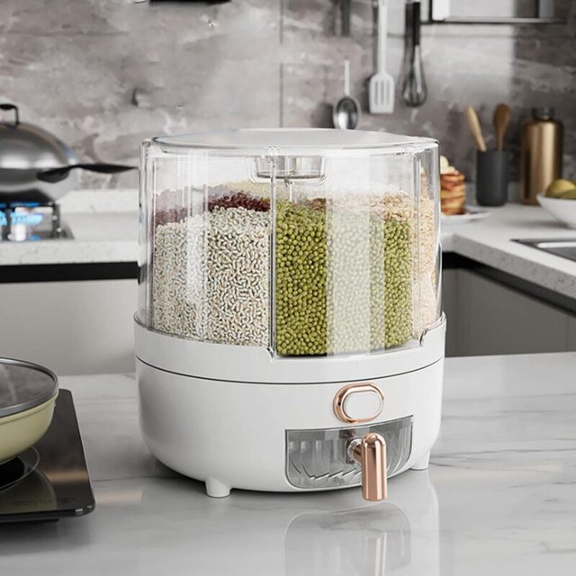 Cereal Storage Box, Lightweight 6 Compartments Smart Quantification 360° Rotating Dispenser (M)
