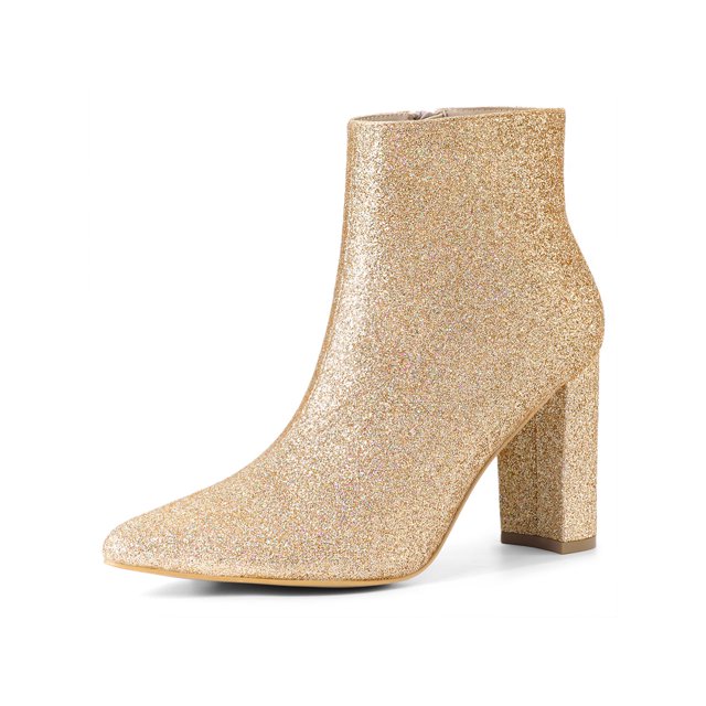 Unique Bargains Women's Glitter Pointed Toe Block Heeled Ankle Chelsea Boots