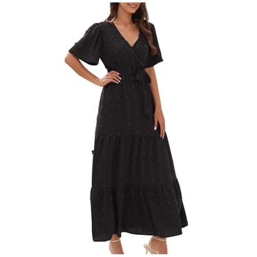 TopLLC Robes d'Été pour Femmes 2023 Robe Bohème Manches Courtes Col en V Pois Suisses à Volants Robe Maxi à Étages Robes de Cocktail Smockées
