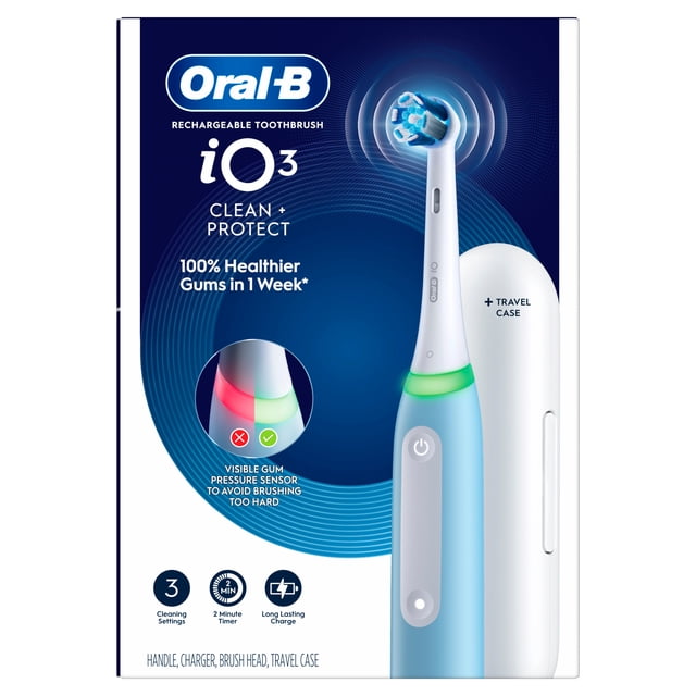 Oral-B Rechargeable Electric Toothbrush, iO3 Clean & Protect, 3 Cleaning Modes, Visual Pressure Sensor to Protect Gums, Travel Case, Blue