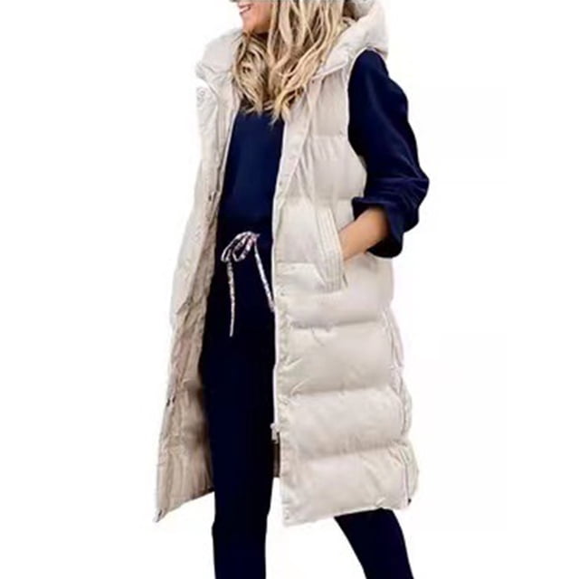 Innerwin Gilet à Capuche pour Femmes, Doudoune de Voyage Sans Manches Mi-Longue Beige 2TG